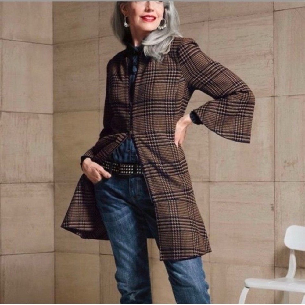 CAbi Women's Small Tartan Plaid Flounce Jacket Longline Dark Acadamia # 3902
